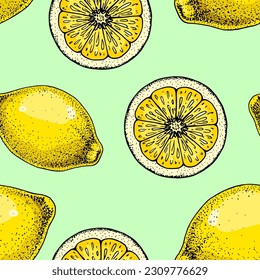  Lemon slice seamless pattern. Colorful hand drawn vector illustration in sketch style. Tropical exotic citrus fruit summer background