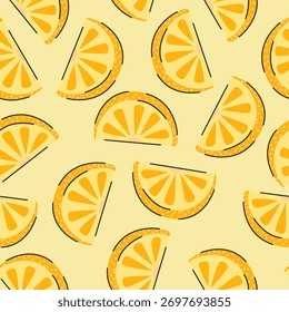Lemon slice seamless pattern on light yellow background, fresh fruit flat vector illustration