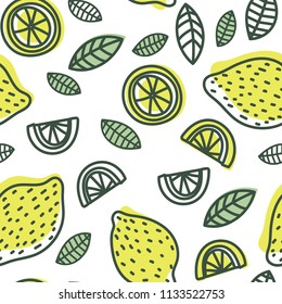 Lemon slice seamless pattern. Vector citrus background. Yellow doodle texture. Fruit sketch