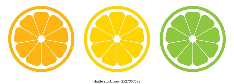 Zitronenscheiben-Set. Zitrusscheibe. Orangefarbene Scheibe. Kalkscheibe. Vektorgrafik