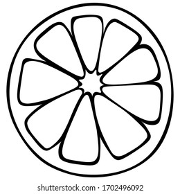 Corte de limón en forma de círculo. El cítrico contiene vitamina C. Fruta tropical. Ilustración vectorial. Se utiliza en medicina y en cocina. Contorno en un fondo aislado. Estilo Doodle. Esbozo