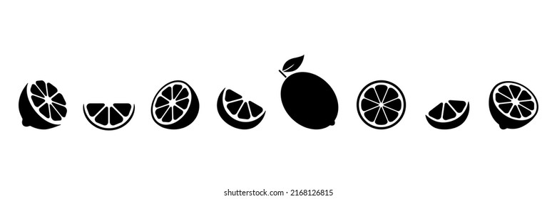 Lemon slice shape set. Lime black symbol collection. Citrus fruit whole, half and pieces silhouette group. Vector isolated on white background.