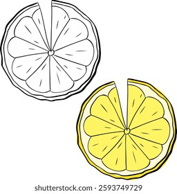 Silhueta de fatia de limão. Mão desenhado linha gráfica limão de tinta isolado no fundo branco. ilustração vetorial. Silhueta preta Lemon.
