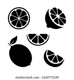 Juego de silueta de loncha de limón. Colección de símbolos en blanco negro. Frutos cítricos enteros, grupos de medias y trozos. Vector aislado sobre fondo blanco.