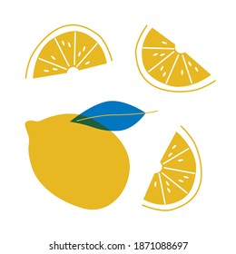 Lemon and lemon slice vector abstract illustration. Fruits cartoon style illustration. Yellow summer fruit on white background. 