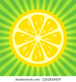 Lemon slice vector cartoon over striped background, fresh taste bursting flat illustration