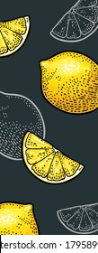 Lemon slice and and whole. Vector color and monochrome vintage engraving isolated on dark background. Vertical template menu, poster, flyer, banner.