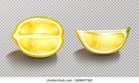 Lemon, sliced citrus realistic vector illustration. Half lemon and piece of tropical yellow fruit with zest or peel, isolated on transparent background with shadow