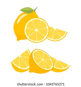 Lemon and sliced pieces on a white plate. Ripe and fresh fruit. Lemon icon and logo