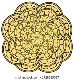 Lemon. Sliced lemon slices arranged in a circle shape. Citrus fruit containing vitamin C. Yellow fruit circles. Color vector illustration. Cartoon style. Isolated background.