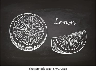 Lemon slices. Chalk sketch on blackboard. Hand drawn vector illustration. Retro style.