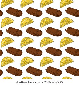 Lemon slices and Cinnamon sticks Seamless pattern in trendy Pop Art. Background or wallpaper concept