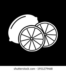 Lemon slices dark mode glyph icon. Lime for cookery. Lemonade ingredient. Citric fruit. Nutrition and nourishment. White silhouette symbol on black space. Vector isolated illustration