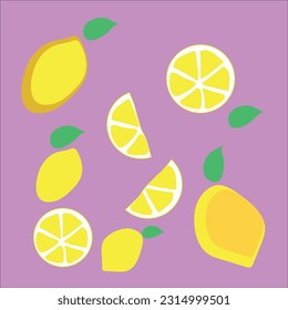 Lemon slices. Fresh citrus fruits, half-sliced lemons and sliced lemon.