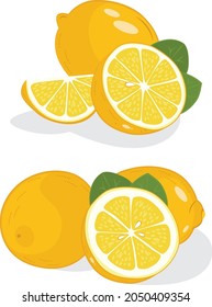 Lemon slices. Fresh citrus, half sliced lemons and chopped lemon