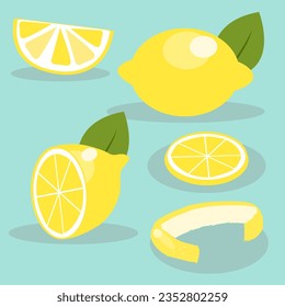 Zitronenscheiben. Frische Zitrusfrüchte, halbgeschnittene Zitronen und geschnittene Zitrone. Zitronen Fruchtscheibe schneiden und Zitronensaft oder Vitamin C Logo schmecken.