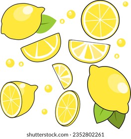 Lemon slices. Fresh citrus, half sliced lemons and chopped lemon. Cut lemons fruit slice and zest for lemonade juice or vitamin c logo.