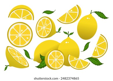 Lemon slices. Fresh citrus, half sliced lemons and chopped lemon. Cut lemons fruit slice and zest for lemonade juice or vitamin c logo. Isolated cartoon vector illustration icons set