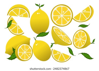 Lemon slices. Fresh citrus, half sliced lemons and chopped lemon. Cut lemons fruit slice and zest for lemonade juice or vitamin c logo. Isolated cartoon vector illustration icons set