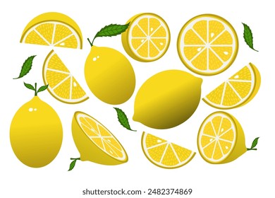 Lemon slices. Fresh citrus, half sliced lemons and chopped lemon. Cut lemons fruit slice and zest for lemonade juice or vitamin c logo. Isolated cartoon vector illustration icons set