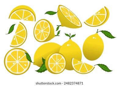 Lemon slices. Fresh citrus, half sliced lemons and chopped lemon. Cut lemons fruit slice and zest for lemonade juice or vitamin c logo. Isolated cartoon vector illustration icons set