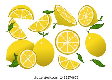 Lemon slices. Fresh citrus, half sliced lemons and chopped lemon. Cut lemons fruit slice and zest for lemonade juice or vitamin c logo. Isolated cartoon vector illustration icons set