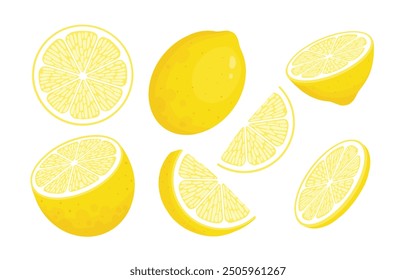 Lemon slices. Fresh citrus, half sliced lemons and chopped lemon. Cut lemons fruit slice and zest for lemonade juice or vitamin c logo. Isolated cartoon vector illustration icons set on white