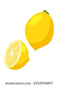 Lemon slices. Fresh citrus, half sliced lemons and chopped lemon. Cut lemon fruit slice and zest for lemonade juice or vitamin c logo. Isolated cartoon vector illustration icon