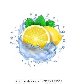 lemon slices and fresh mint leaves in a splash of water or tea with drops. Lemonade, ice cubes, lemon beverage vector