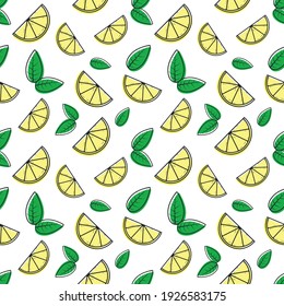 Lemon slices with green leafs vector pattern 