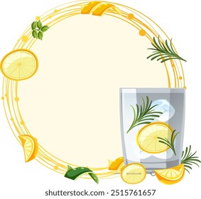 Lemon slices and herbs around a drink