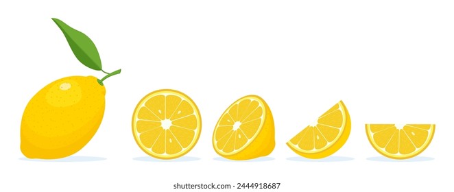 Lemon slices Icon set isolated on white background. Fresh citrus, half sliced lemons and chopped lemon. Cut lemons fruit slice and zest for lemonade juice, vitamin C. Vector illustration in flat style