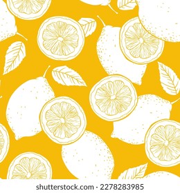Lemon, slices and leaves  hand drawn sketch linen vector seamless pattern.