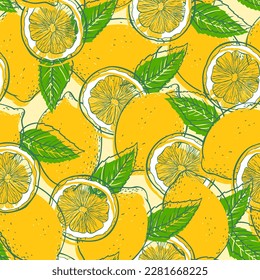 Lemon, slices and leaves  hand drawn sketch linen vector seamless pattern.
