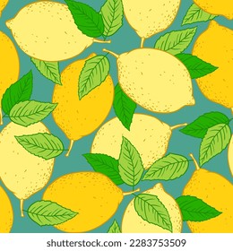 Lemon, slices and leaves  hand drawn sketch linen vector seamless pattern.