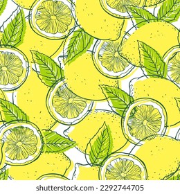 Lemon, slices and leaves  hand drawn sketch linen vector seamless pattern.