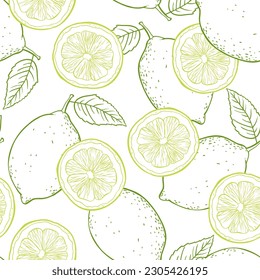 Lemon, slices and leaves  hand drawn sketch linen vector seamless pattern.