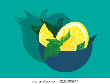 Lemon slices with leaves lying in a blue saucer. A silhouette on the back. Vector illustration, isolated on a turquoise background.