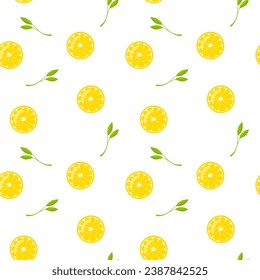 Lemon slices and leaves vector seamless pattern, background, wallpaper, print, textile, fabric, wrapping paper, packaging design