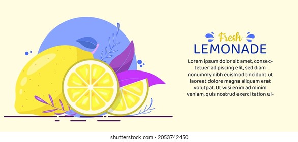 Lemon slices with leaves. Whole lime and cut pieces of lemon isolated on white. Text fresh lemonade and copy space. Juicy fruit vitamin banner vector illustration.
