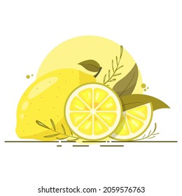 Lemon slices with leaves. Whole lime and cut pieces of lemon isolated on white. Text fresh lemonade and copy space. Juicy fruit vitamin banner vector illustration.