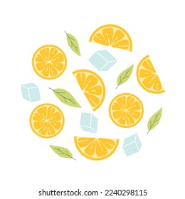 Cortes de limón con menta y hielo. Tarjeta con limones. Concepto de la Lemonade. Ilustración vectorial. En un estilo plano.