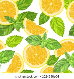 lemon slices and mint leaves. Seamless pattern on a white background. 