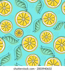 Lemon slices on a blue background. Citrus design for printing on textiles, packaging 