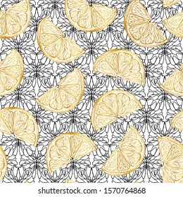 Lemon slices on a geometric background. Separate slices of golden lemon on a black and white abstract background. Seamless pattern.