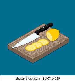 Lemon slices on kitchen cutting board and kitchen knife.