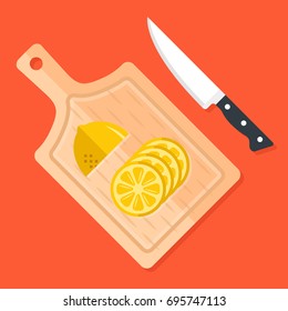 Lemon slices on kitchen cutting board and kitchen knife. Food ingredients, cooking, food preparation concept. Wooden chopping board, kitchen tools, half a lemon. Flat design modern vector illustration