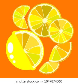 Lemon with slices on an orange background.