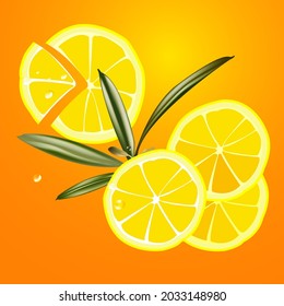 
Lemon slices on an orange background with drops
