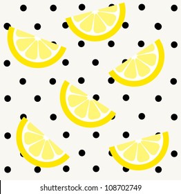 Lemon slices on polka dot background. Seamless pattern.